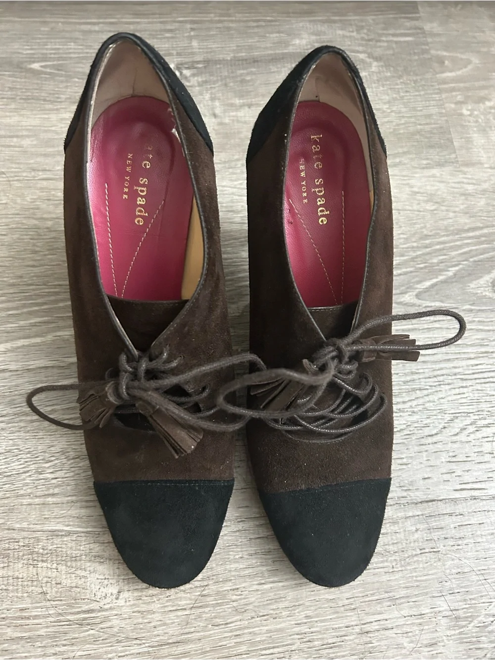 kate spade Brown and Black Suede Lace-Up Heels with Tassel Laces